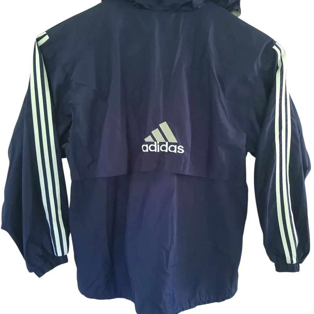 VTG 90s Adidas XL Navy Hooded Windbreaker Jacket 3 Stripe Embroidered Unisex EUC